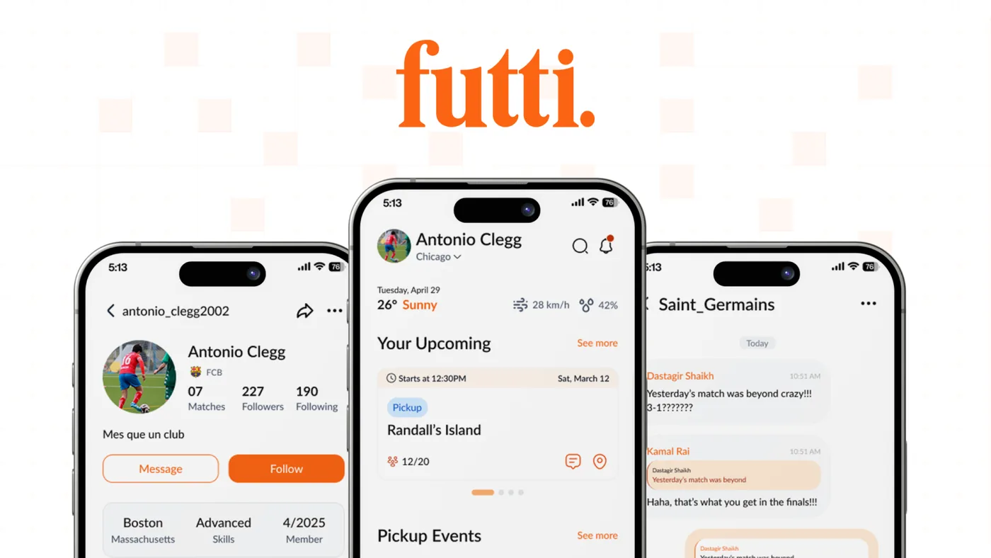 Futti profile, upcoming event and group chat screens