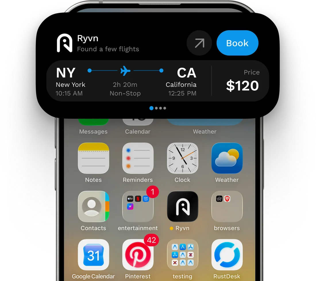 Ryvn Live Activity showing a flight on the iOS lock screen